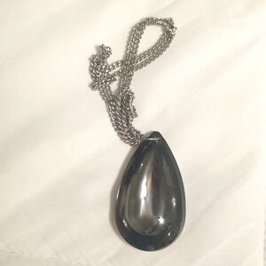 Silver Black Glass Reversible Tear Drop Necklace